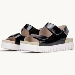 Ilse Jacobsen Tulip1030 Black Glossy Platform Sandals Scalloped Sole 8 Scandi